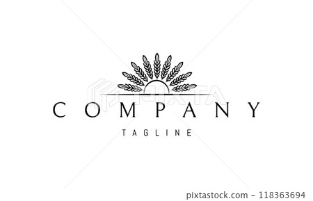 Vector logo with an abstract image of the sun where there are ears of wheat instead of rays. Vector logo with an abstract image of the sun where there are ears of wheat instead of rays. 118363694