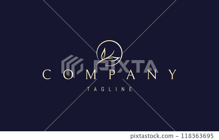 Vector golden logo with an abstract image of a branch with two leaves against the background of the sun. Vector golden logo with an abstract image of a branch with two leaves against the background of the sun. 118363695