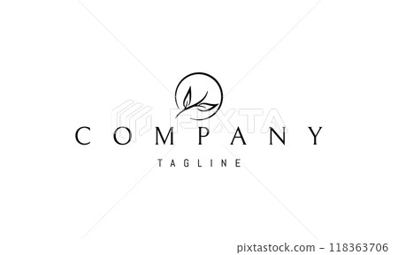 Vector logo with an abstract image of a branch with two leaves against the background of the sun. Vector logo with an abstract image of a branch with two leaves against the background of the sun. 118363706