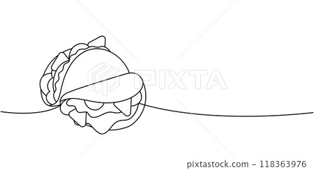 Mexican tacos one line continuous drawing. Traditional Mexican street fast food. Vector linear illustration. 118363976
