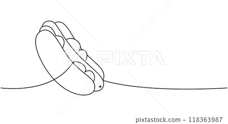 Hot dog one line continuous drawing. Tasty fast food. Vector linear illustration. 118363987