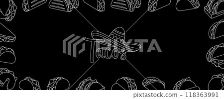 Tacos horizontal banner. Mexican cuisine restaurant food. Tasty fast food. Tacos with meat, vegetable and tortilla. Vector illustration 118363991