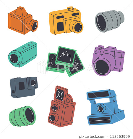 Camera kit. Photo studio set. Lens with shutters, video and action cam, instant camera, film strips, photo frames, external flash. Vector illustration 118363999