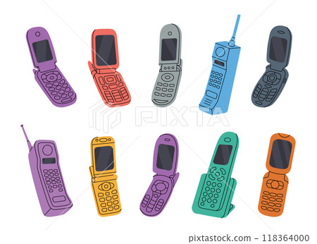 Retro phones. Old communication gadgets. Retro electronic devices. Mobile with buttons, flip mobile, cell phone, old telephone. Vector illustration. 118364000