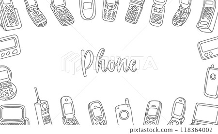 Mobile phones horizontal outline banner. Old phone from the 90s. Mobile with buttons, phone with keypad, flip mobile, pager, beeper, cell phone. 118364002