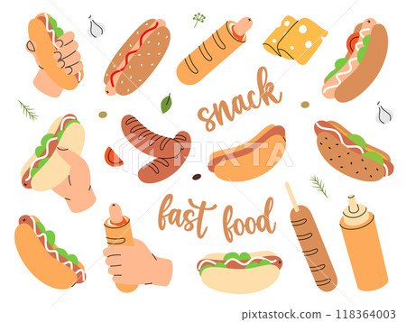 Hot dogs set. Takeaway snack. Hand drawn elements for cafe menu, restaurants. Vector illustration. 118364003