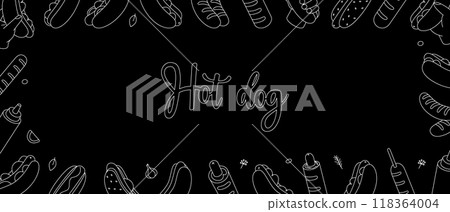 Hot dogs horizontal banner. Tasty fast food. Long buns, sausage, vegetables, sauces. Vector illustration. Hot dogs horizontal banner. Tasty fast food. Long buns, sausage, vegetables, sauces. Vector illustration. 118364004