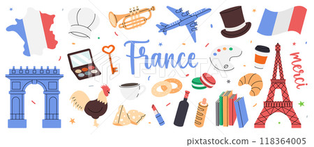 France set. Travel to France illustration. Hand drawn elements for vacation card or print postcard. French national travel symbols. France set. Travel to France illustration. Hand drawn elements for vacation card or print postcard. French national travel symbols. 118364005