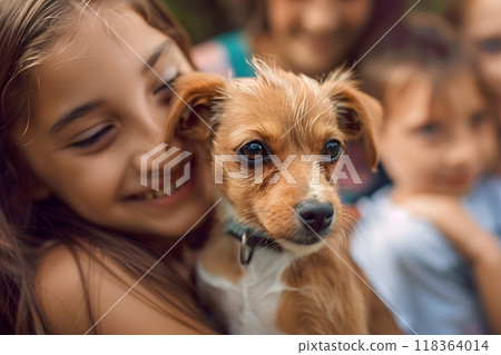 A family who adopted a shelter dog, with enthusiastic children and a grateful pet 118364014