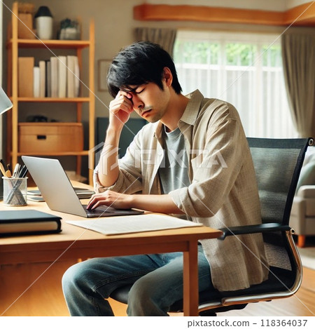 Man struggling with telework Man struggling with telework 118364037