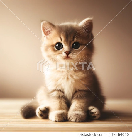 一隻毛茸茸的可愛小貓安靜地坐著 118364040