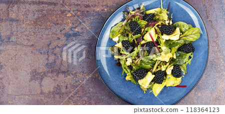 Plate of colorful fresh salad, recipe place. 118364123