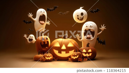 Delightful Spooky Halloween Scene Featuring Whimsical Ghosts and Festive Pumpkins Galore 118364215