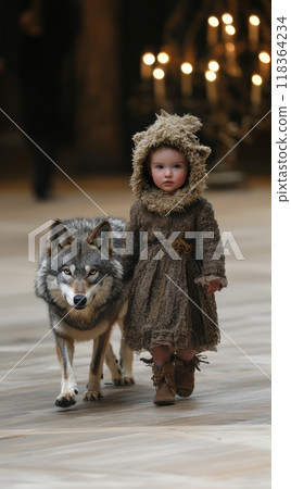 A child dressed in forest clothes, accompanied by a faithful wolf companion, at a fashion show 118364234