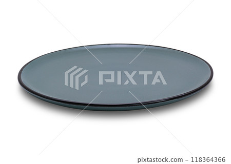 High angle view of single empty grey, blue color ceramic plate with black edge. High angle view of single empty grey, blue color ceramic plate with black edge. 118364366