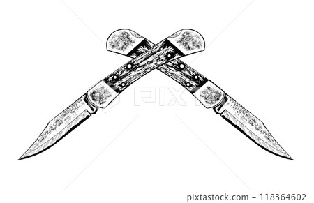 Two crossed knives. Two knives, crossed by the handles, blades to the sides. Two crossed knives. Two knives, crossed by the handles, blades to the sides. 118364602