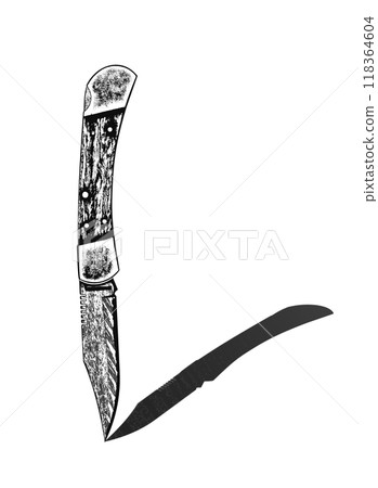 Folding pocket knife with shadow. Convenient functional knife in the unfolded form. 118364604