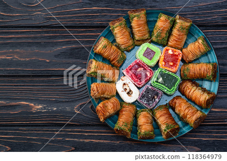 Turkish delight candy with arabic baklava . Rahat lokum photography 118364979