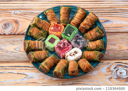Turkish delight candy with arabic baklava . Rahat lokum photography 118364980
