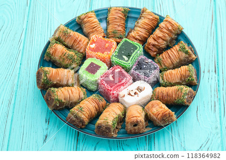 Turkish delight candy with arabic baklava . Rahat lokum photography 118364982