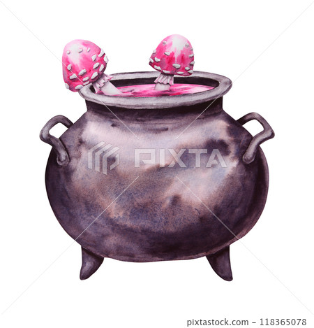 Black cast iron cauldron with pink potion and poisonous mushrooms, fly agaric. Esoteric attribute of a witch, sorcerer. Clipart for Halloween, Sabbath, theme party. Watercolor hand-drawn illustration 118365078