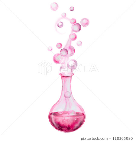 Glass transparent flask, bottle with pink liquid, test tube with love potion, magic elixir. Attributes for Halloween, Sabbath, Valentine's Day. Accessory of a witch, sorceress, fortune teller, chemist 118365080