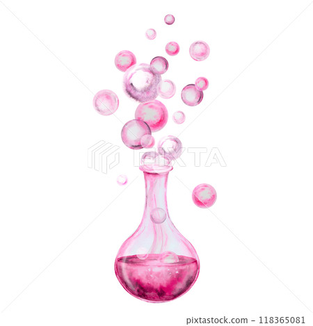 Glass transparent flask, bottle with pink liquid, test tube with love potion, magic elixir. Attributes for Halloween, Sabbath, Valentine's Day. Accessory of a witch, sorceress, fortune teller, chemist 118365081