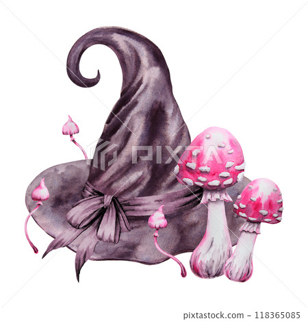 Black witch hat, pink fly agaric, poisonous mushrooms,. Gothic vintage attribute of mysticism, magic, astrology for Halloween, Sabbath, carnival, theme party. Watercolor hand drawn cut out clipart Black witch hat, pink fly agaric, poisonous mushrooms,. Gothic vintage attribute of mysticism, magic, astrology for Halloween, Sabbath, carnival, theme party. Watercolor hand drawn cut out clipart 118365085