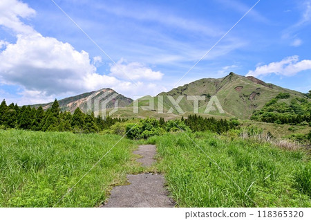 【熊本】阿蘇山山麓展現出雄偉的風景。開車前往目的地的旅程非常壯觀，吃草的乳牛也很可愛。 118365320