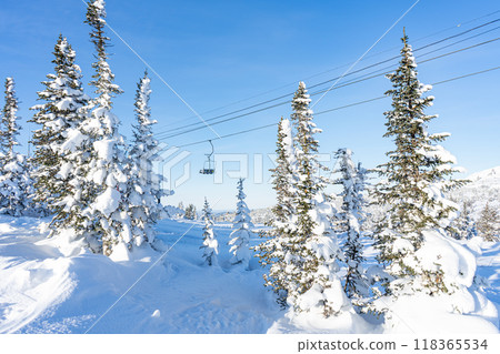 One chair of an empty chair lift in a ski resort at sunny day. Winter holidays, snow-covered coniferous trees One chair of an empty chair lift in a ski resort at sunny day. Winter holidays, snow-covered coniferous trees 118365534