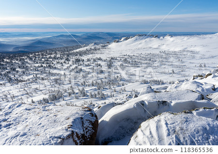 Winter mountain valley for snowmobiling. Freeride Snowmobile routes trails, tracks and routes. Interesting landscape 118365536
