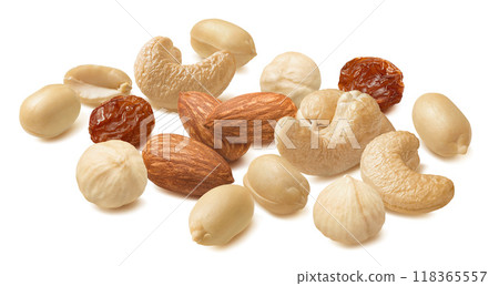 Cashew, peanuts, almonds, hazelnuts and raisins scattered isolated on white background Cashew, peanuts, almonds, hazelnuts and raisins scattered isolated on white background 118365557