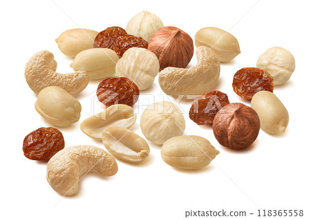 Cashew, peanuts, hazelnut and raisin scattered isolated on white background Cashew, peanuts, hazelnut and raisin scattered isolated on white background 118365558