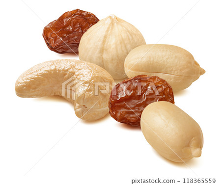 Cashew, peanuts, hazelnut and raisin group isolated on white background 118365559