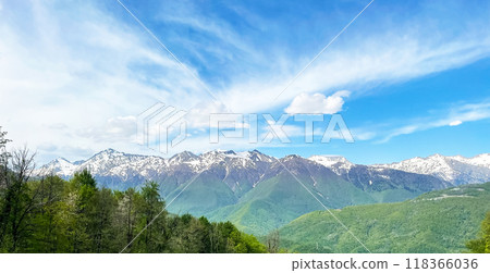 Beautiful panoramic landscape - view of Glade 960 with modern luxury hotels among the green mountains on a sunny summer day Beautiful panoramic landscape - view of Glade 960 with modern luxury hotels among the green mountains on a sunny summer day 118366036