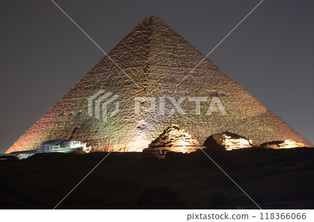 Great Pyramid complex enlighted at night, Giza, Egypt 118366066