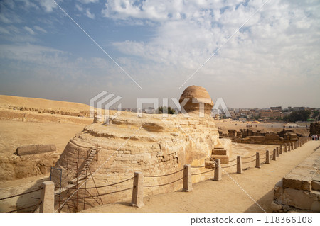 Sphinx Egypt portrait. Portrait of the Great Sphinx of Egypt close. Egypt, Giza. side view, rear view. The Sphinx looks at the modern city of Cairo. 118366108