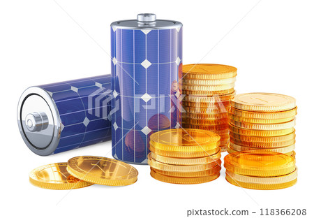 Saving energy consumption, concept. Batteries with solar panel and stack of coins, 3D rendering 118366208