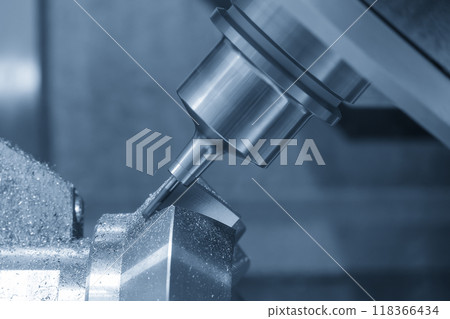The 5-axis CNC milling machine cutting the metal gear parts with ball nose end mill tool. 118366434