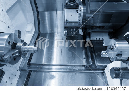 The double turret CNC lathe machine in the light blue scene. 118366437