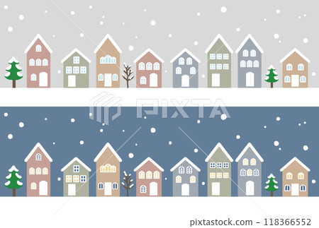A line illustration of a cute townscape with pastel-colored houses lined up in winter with snow falling 118366552