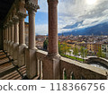 View of the cityscape from the castle of Trento, a medieval city in northern Italy 118366756
