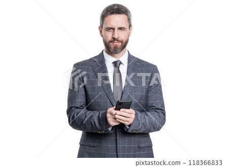 Online business. Hispanic business man in suit use phone. Texting businessman chatting in blog.  118366833