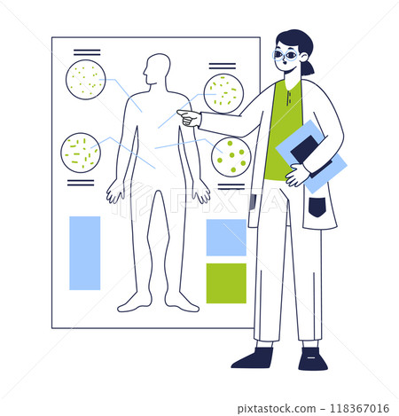 Chemistry lab worker. Female lab scientist, biotechnology medical laboratory development and researching flat vector illustration. Chemical scientific scene 118367016