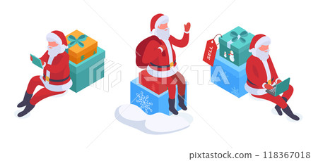 Christmas Santa mascots. Isometric Santa Clauses with gift boxes, cute 3d Santa mascots flat vector illustration. Cartoon Christmas holiday Santa Claus characters Christmas Santa mascots. Isometric Santa Clauses with gift boxes, cute 3d Santa mascots flat vector illustration. Cartoon Christmas holiday Santa Claus characters 118367018