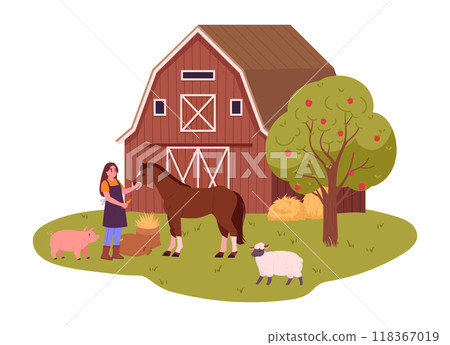 Country worker with farm animals. Woman feed horse, piglet and cute ship, female character take care of domestic animals flat vector illustration. Farmer doing farming job Country worker with farm animals. Woman feed horse, piglet and cute ship, female character take care of domestic animals flat vector illustration. Farmer doing farming job 118367019