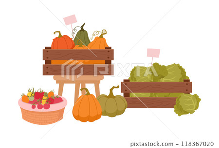 Farm vegetables and fruits. Fresh harvest crops at farmers market, basket and wooden boxes full with fruits and veggies flat vector illustration. Farm market products Farm vegetables and fruits. Fresh harvest crops at farmers market, basket and wooden boxes full with fruits and veggies flat vector illustration. Farm market products 118367020