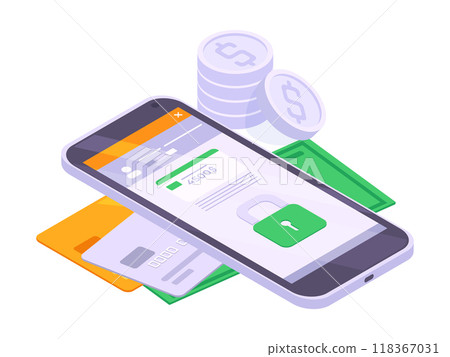 Isometric online banking. Mobile payment transaction, internet money transfer on smartphone screen 3d vector illustration. Online electronic wallet 118367031