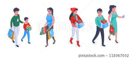Isometric people carrying gifts. Christmas characters with gift boxes and bags, winter holidays preparation 3d vector illustration. Christmas characters on white Isometric people carrying gifts. Christmas characters with gift boxes and bags, winter holidays preparation 3d vector illustration. Christmas characters on white 118367032