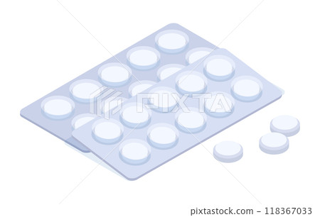 Isometric pills blister. Realistic drugs package, drugstore tabs in pack, pharmaceutical medical care 3d vector illustration. Pharmacy medications on white 118367033